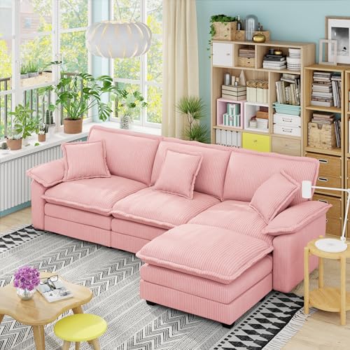 Comfy Corduroy Modular Sectional Couch with Ottoman, 113" Oversized Cloud