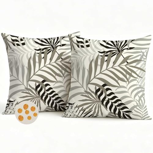 Avalune Housse de Coussin Canapé 40 x 40 Exterieur Impermeabl Brun et Gris Feuilles Tropicales Housse Coussin Décoratif Taie d'oreiller pour Chambre Sofa Salon Jardin Decoration Lot de 2