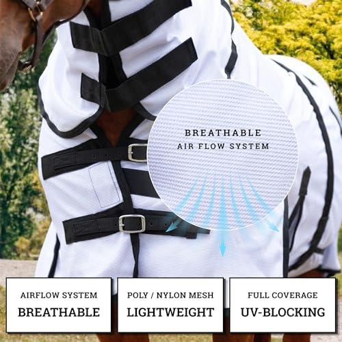Image of Horse Fly Sheet with Attached Neck Cover & Tail Flap | UV Protection Mesh Horse Blanket, Full Body Bug & Sun Shield, Buckles, Belly Wrap & Gussets for Spring Summer Riding Rug (White, 76 inch)