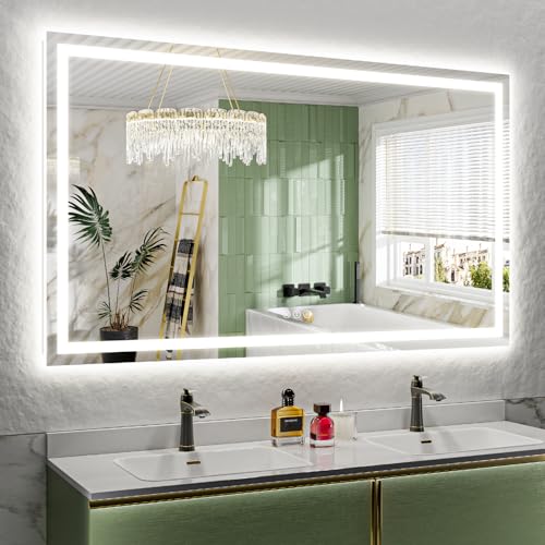 Image of 66x40 Inch LED Bathroom Mirror with Lights Front and Backlit Lighted Vanity Mirror for Bathroom Wall with 3 Colors Dimmable Anti-Fog Memory Shatter-Proof IP54 Waterproof Horizontal /Vertical
