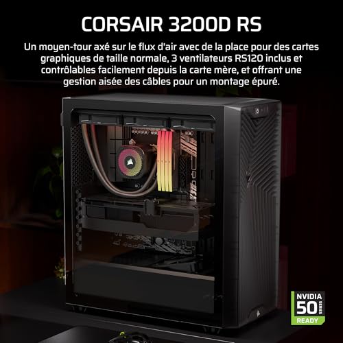 CORSAIR 3200D RS Boîtier PC Moyen Tour – 3 Ventilateurs RS120 Inclus, Airflow Élevé, Compatible Radiateur 360 mm, USB-C, Panneau en Verre Trempé, Compatible Cartes Mères À Connexion Inversée – Fumée