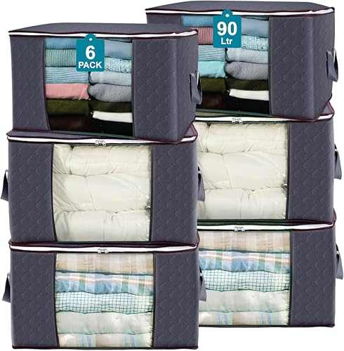 ShopWizz 90L Large Storage Bags for Clothes, 6 Pack Foldable Clothes Storage Bins for Closet Organizer Storage Containers with Handle, Blanket and Comforter Storage,Storage box