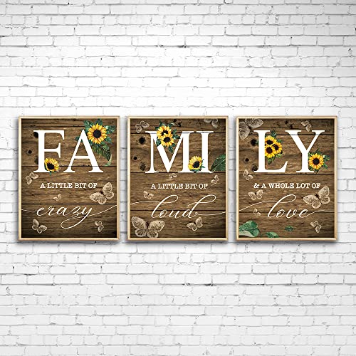 Suuura-Oo Family Sunflower Butterfly Poster Wall Decor, Inspirational Family A Little Bit Of Crazy Loud Love Rustic Wood Sign Wall Art For Living Room Set Of 3 (8”X10“) Prints Poster For Home Office Wedding Kitchen Unframed #TOP1