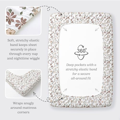 Image of Pack and Play Sheets Fitted, Mini Crib Sheets for Graco Pack N Play Playard (38x26), Ultra Soft Organic Cotton Blend, Safe & Snug Playpen Mattress Sheet for Baby Boys & Girls - Fleurette, 2-Pack