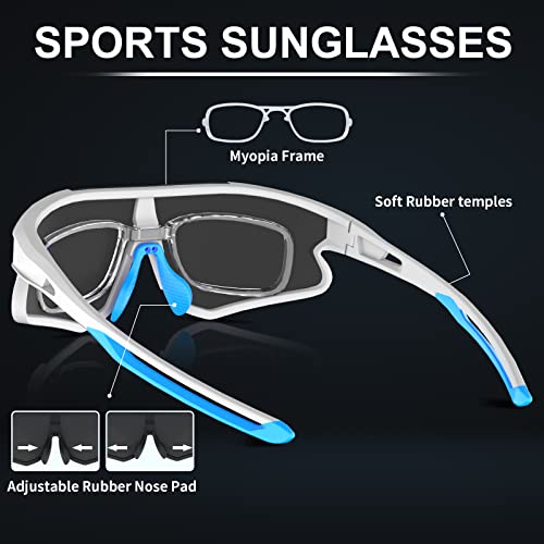 Haayot Cycling Glasses,Polarized Baseball Sunglasses For Men Women With 5 Lenses,Sports Running Biking Fishing Sunglasses White Blue #TOP2