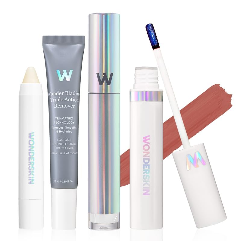 Wonderskin Wonder Blading Lip Stain Super Set - Long Lasting Pink Tint With Clear Top Gloss, Lip Exfoliator Scrub & Makeup Remover (Lovely)