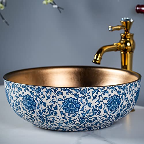 1 ganzer Satz Luxus Waschschalen Blau Weiß Farbe Art Keramik Aufsatzwaschbecken mit Gold Wasserhahn und Abflussgarnitur Pop-up für Bad und Bauernhaus, Waschtisch, Durchmesser: 41 cm
