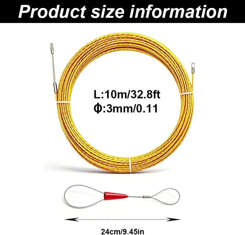 Cable Puller 10M Fish Tape, 3.0mm Retractable Draw Wire | Equipped with Pulling Aid and 2 Guide Springs, Electrician Threading Tool for Pipe Wiring