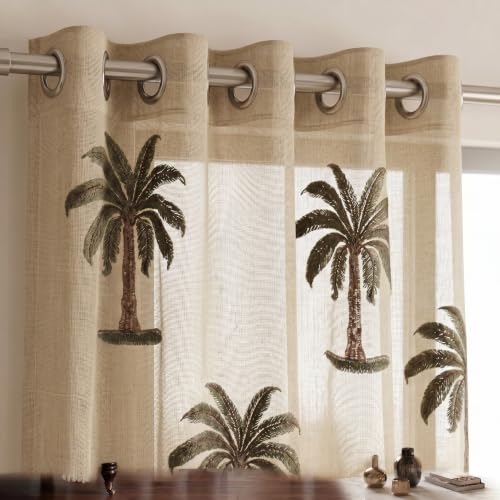 Image of LINENWALAS Cotton Linen Printed Sheer Curtain Set of 2 Panels with Eyelet Hanging, Palm Tree Printed Window Curtains Non Blackout Light Filtering Curtains (5 Feet, Natural Palm Tree)