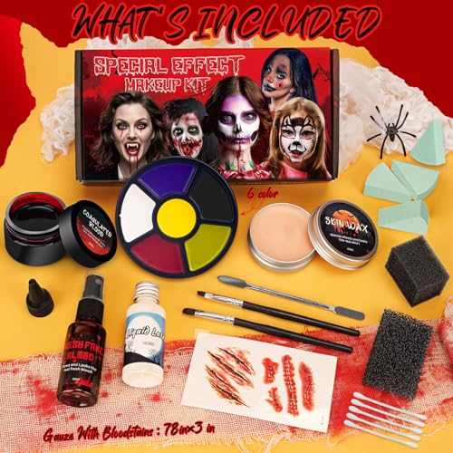 Halloween Special Effect Makeup Kit 6 Colors Fake Blood Face Body Painting, Liquid Latex Sfx Makeup with Skin Wax and Scar Stickers, Multiple Accessories for Vampire Zombie and Fake Scar - Image 3