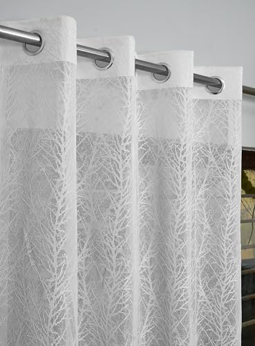 Image of Fabrilia Premium White Net Curtains Set of 2 | Sheer Leaf Pattern Drapes for Long Door 9 feet | Semi Transparent Lace Curtain for Living Room, Bedroom & Balcony