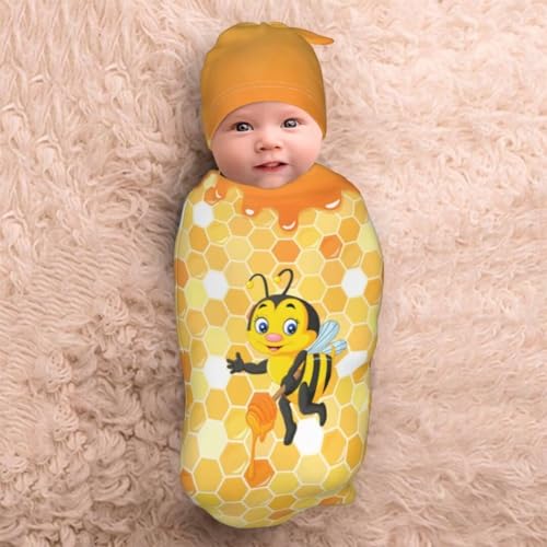 Image of Cute Bee Newborn Swaddling Blanket Beanie Hat Sets Soft Baby Receiving Funny Bees Blanket Soft Sleeping Bag New Born Soft Sleep Sacks for Boys Girls