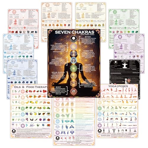 12Pcs Chakra Posters 14.2 x 11.0 ‘’, 8th Hidden Bindu Chakra Wall Art with Crystals, Affirmations, Yoga Poses, Essential Oils, Food Healing Guide and Tantric Mudra Quick Reference Chart, Spiritual Decor for Yoga Studio, Meditation Corner, Reiki Room & Home