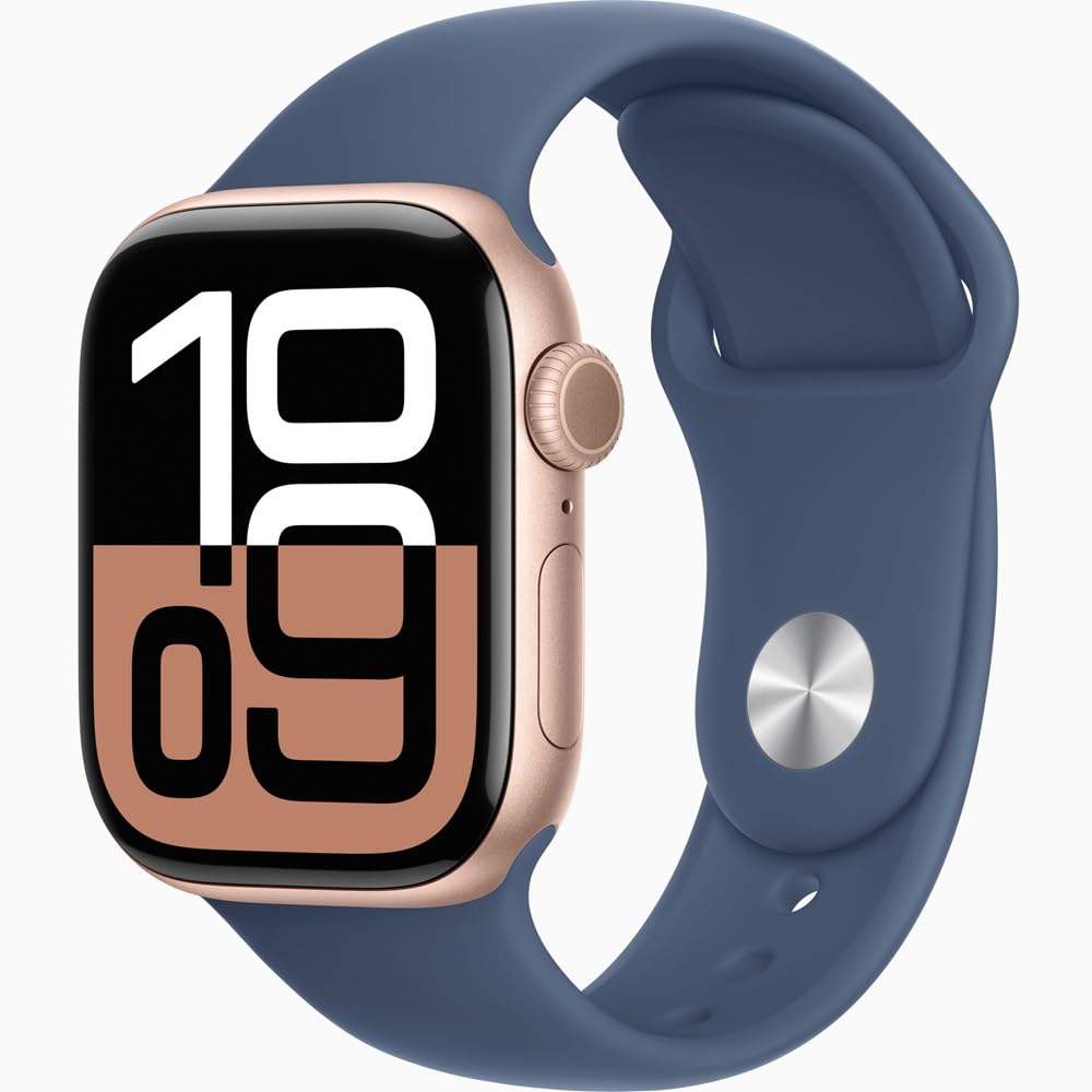 Apple Watch Series 10 [GPS + Cellular, 42mm] - Rose Gold Aluminum Case with Denim Sport Band, S/M (Renewed)