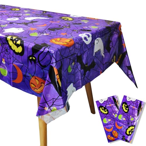 Tbczvx 2pcs Halloween Tablecloth, 137 X 274cm Rectangle Halloween Table Cover, Pumpkin Bat Skeleton Purple Halloween Table Cloth, Reusable Waterproof Tablecover for Halloween Party Home Decorations