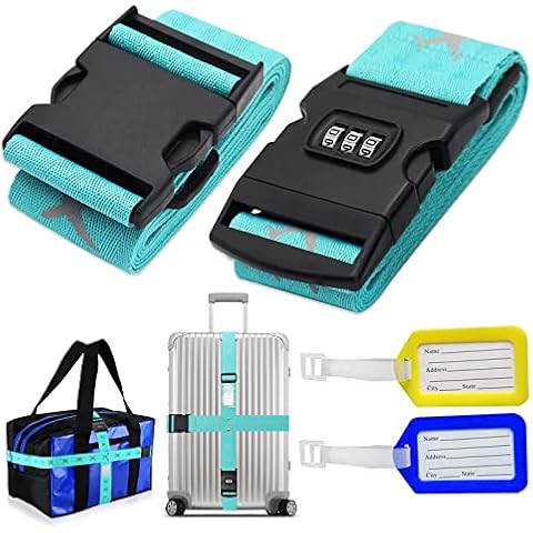2 PCS Luggage Straps Suitcases Belts, Adjustable Travel Packing Belt with 2 Pcs Luggage Tag, Personalised Luggage Straps, Utility Straps for Travel Accessories, Outdoorsports Cover