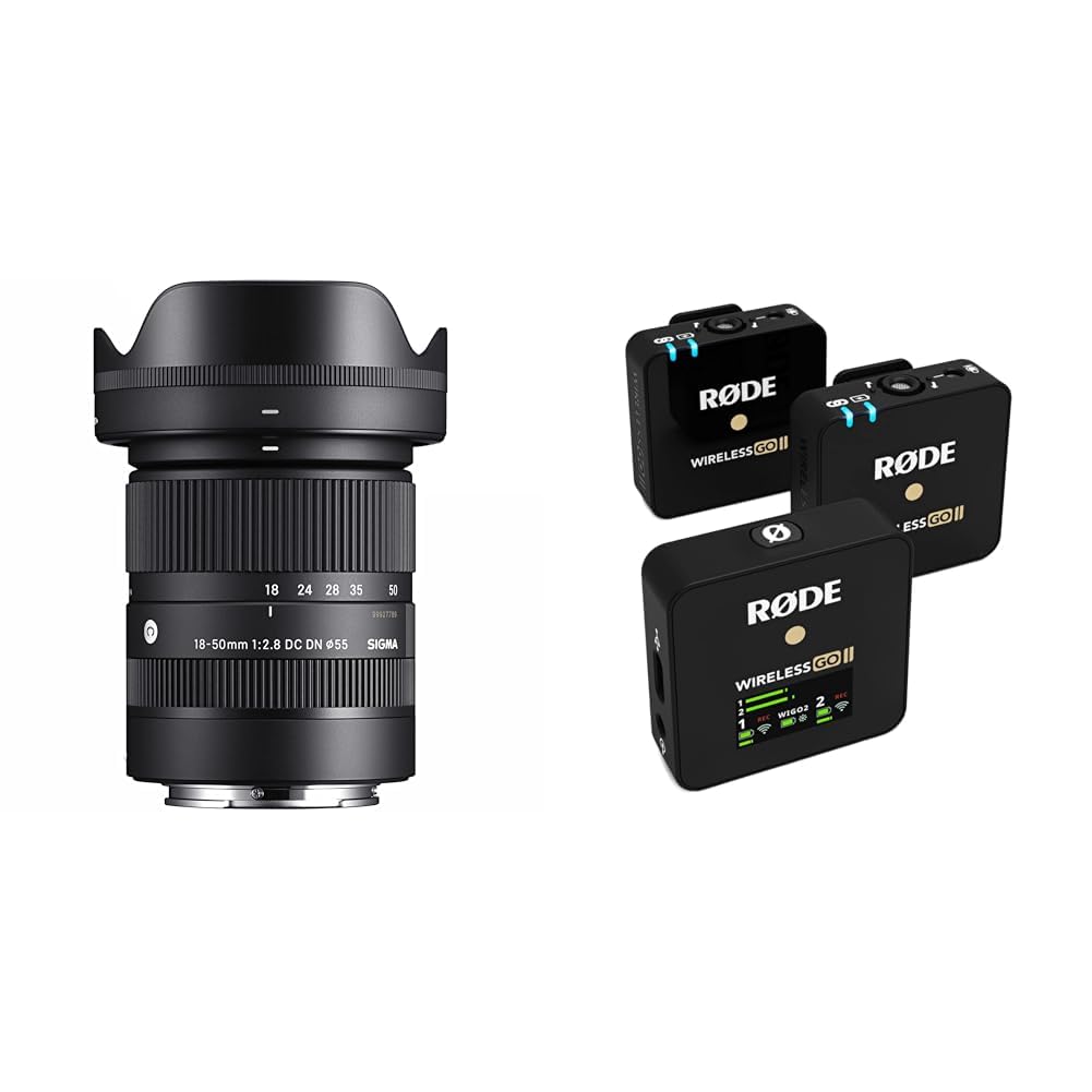 Sigma Objetivo 18-50mm F2.8 DC DN Contemporary Montura Sony E, Nergo & RØDE Wireless Go II Sistema inalámbrico de Doble Canal con micrófonos incorporados, transmisor Doble, Negro
