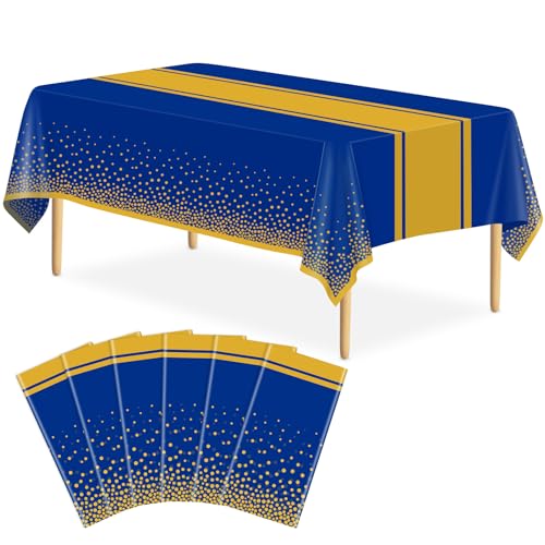 Image of 6 Pack Blue and Gold Tablecloth Party Decorations Plastic Blue Tablecloth Printed Gold Table Runner 54 x108 Inch Disposable Rectangle Table Cover for Birthday Wedding Graduation