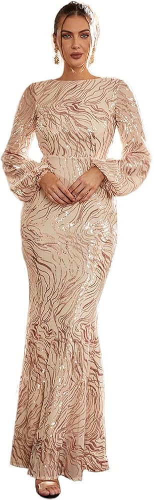 Amazon.com: Miss ord Women's Formal Sequin Maxi Mermaid Prom Dress, Bodycon  Long Sheer Lantern Sleeve Ball Gown Gold : Clothing, Shoes & Jewelry
