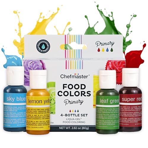 Chefmaster - Primary Colors Liqua-Gel Food Coloring Kit - Water-Based Food Coloring Gel - 4 Pack - Highly Pigmented, Create Vividly Colored Desserts, Easy-To-Blend Formula - Made in the USA