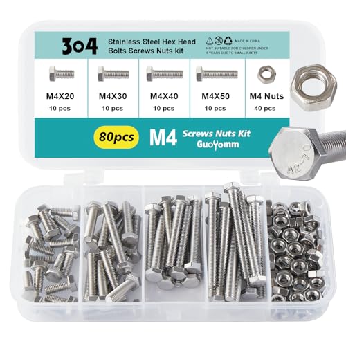 GuoYomm Juego de 80 tornillos M4, acero inoxidable 304, tornillos hexagonales y tuercas, tornillos de máquina, longitud: 20 mm, 30 mm, 40 mm, 50 mm