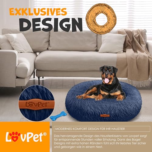 Lovpet® Hundebett Hundekissen Katzenbett Bagel, Waschbar, Inkl. Napf + 3X Kauknochen, Hundesofa flauschig Kissen Rund aus Plüsch für Kleine, Mittelgroße & Große Hunde, Katzen [3XL, Ø 100cm Navyblau]