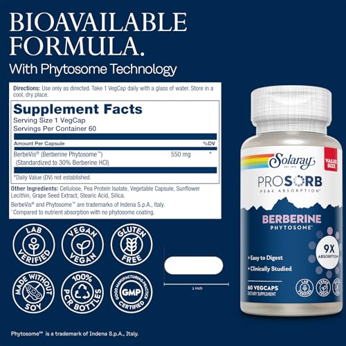 Image of SOLARAY Berberine Phytosome - 9X Absorption and Easy-to-Digest - Standardized to 30% Berberine HCl - Vegan, Made Without Soy - 60-Day Guarantee - 60 Servings, 60 VegCaps