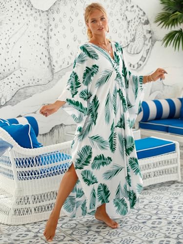 Image of IMAGEKOPE Women's Plus Size Animal Print V-Neck Batwing Kaftan Beach Dress Bathing Suit Cover-Up Loungewear