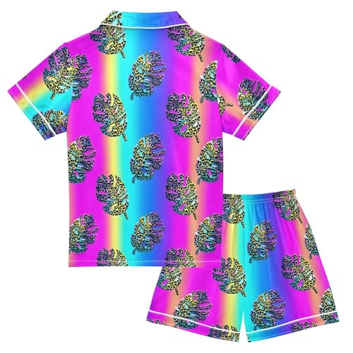 Turtle Shell Leaf Pattern Pajamas Sets Short Sleeve Silk Stain Pjs Button Down Sleepwear for 5-14Y2