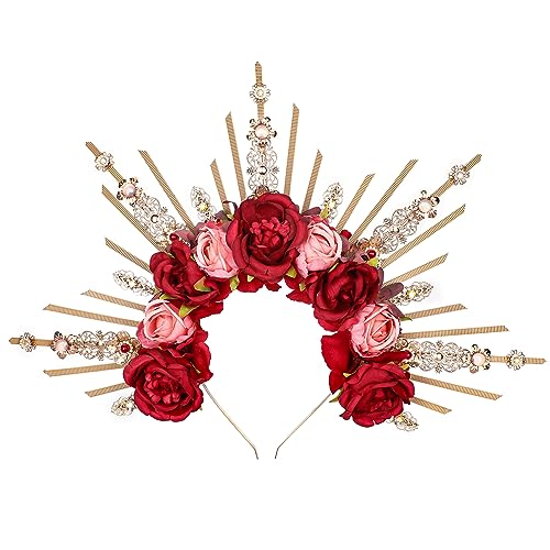 COSUCOS Handmade Rose Halo Crown - Fantasy Renfaire Red and Pink Flower Headpiece with Crystal Spiked Greek Goddess Headband for Women Fairy Elf Hair Hoop Cosplay Renaissance Halloween Wedding