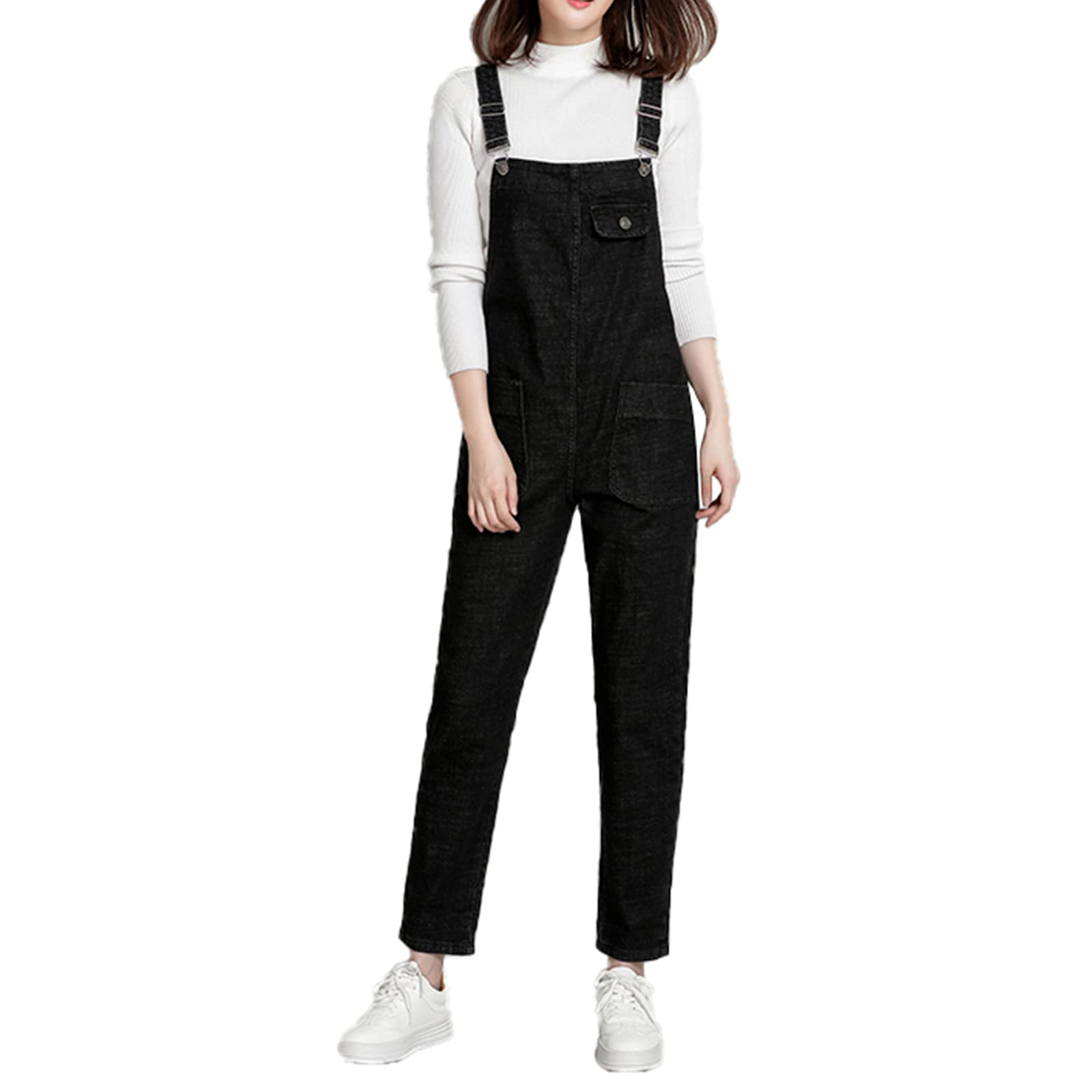 Donna Taglie Forti Salopette in Denim Stretch Lungo Overall Tuta Intera Jumpsuit Pantaloni Jeans con Pettorina (XS-5XL)