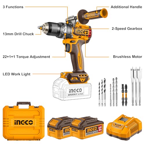 Image of INGCO 20V Cordless Brushless Impact Drill 96NM, Variable Speed 500 /2000RPM, 13mm Chuck, 22+1+1 Torque, Auxiliary Handle, with 2Pcs 4.0Ah Battery and 1Pcs Charger, Packed by Carrying Case CIDLI209686