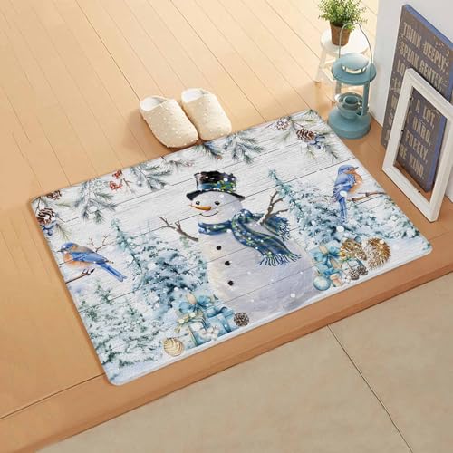 Winter Snowman Kitchen Bath Door Mat Cushioned Runner Rug,Washable Welcome Floor Sink Antifatigue Mat,Waterproof & Non-Slip Comfort Standing Doormat,Christmas Snowflake Pine Tree Woodgrain 20