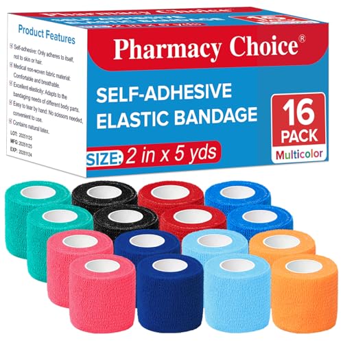 Pharmacy Choice 16 Pack Self Adhesive Bandage Wrap, 2" X 5 Yards Elastic Cohesive Bandage Wrap, Color Athletic Tape, Vet Wrap, Ankle Tape,Non-Woven Cohesive Bandage, Multicolor