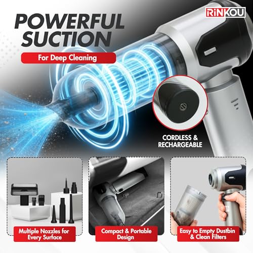 RINKOU Car Vacuum Portable Cordless – Handheld Cleaner, Mini Car Vacuum, Small Portable Vehicle Cleaner with 8 Attachments, Blower, Spray Lubricant & Microfiber Towels for Truck & Interior Cleaning - Image 4
