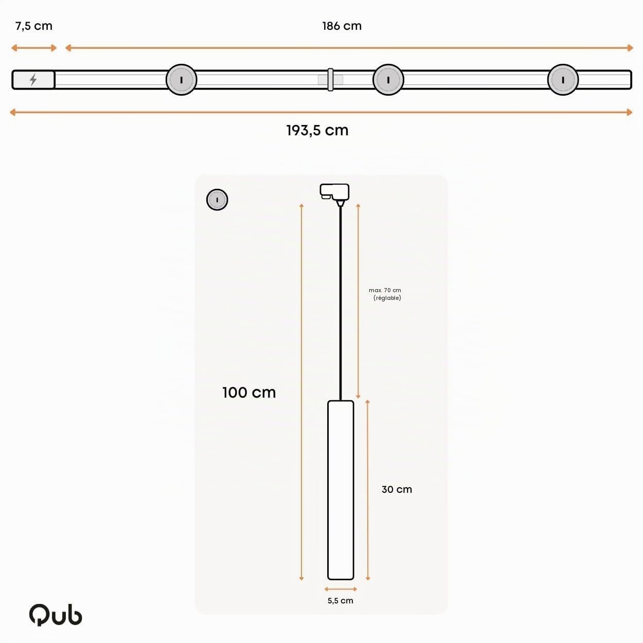 Qub Focus III Monophasé Luminaire Plafonnier LED – 200cm - 3x GU10 Suspension Luminaire - 2x 1m Barre de Spot Plafond – I-Form - Plafonnier intérieur Blanc Moderne – Spots et Rails de Spots