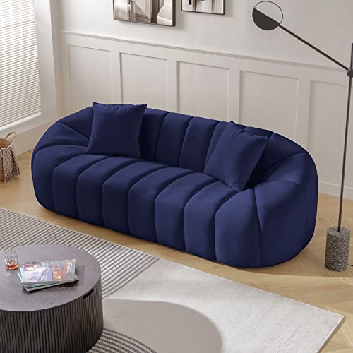 Kevinplus 87'' Modern Oval Sofa Couch For Living Room, Curved Channel Luxury Mid-Century Velvet Tufted 3-Seat Sofa With 2 Pillows, Small Upholstered Sofa Couch For Bedroom Apartment, Dark Blue #TOP1