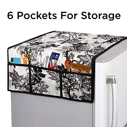 Image of Polyester 3-Layered Fridge Top Cover /Refrigerator Cover With Utility Pockets and Set of 6 Pc Fridge Mats (Color-Floral Black, Size-39x21 Inch)
