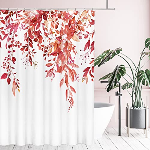 Tititex Red Eucalyptus Shower Curtain Sets, Watercolor Bright Burgundy Leaves on The Top Plant with Floral Bathroom Decoration 72x84 Inch with Hooks