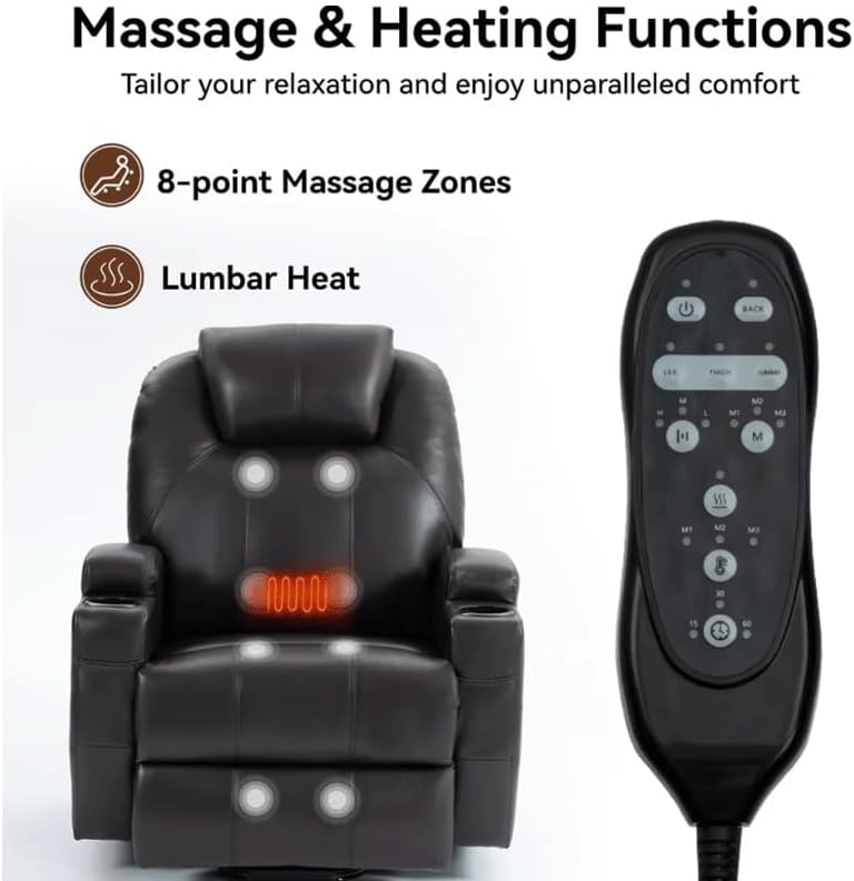 Genuine Leather Electric Power Lift Recliner Chair with 8 Point Massage and Heat, Heavy Duty Electric Chairs with Lumbar Support for Living Room, Brown