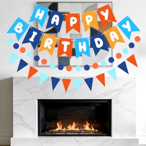 Image of Blue Orange Happy Birthday Banner Hanging Sign Circle Dot Triangle Bunting