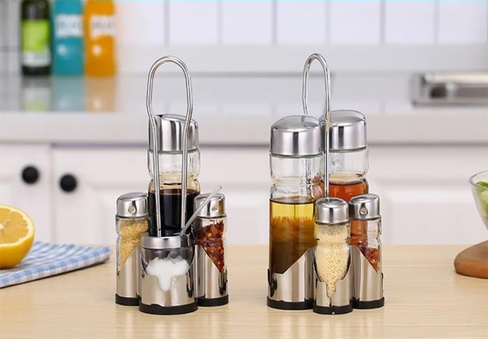 set oliera e acetiera, in vetro e acciaio inox, 4 pezzi