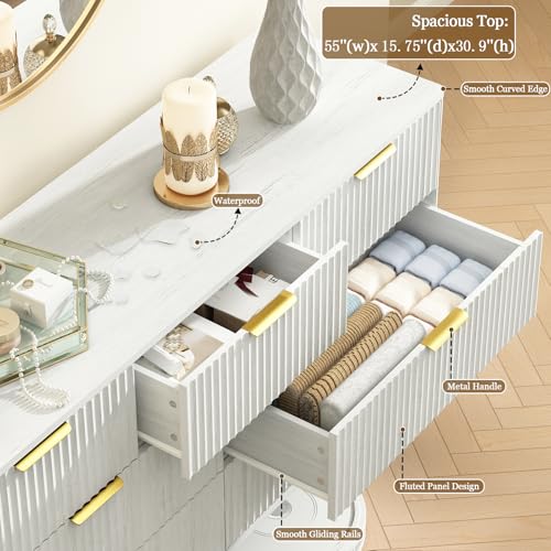 CARPETNAL Fluted 7 Drawer Dresser for Bedroom, 55\" Wide Wooden Chest of Drawers with Rounded Corners, Gold Handles, Modern Storage Organizer for Bedroom, Hallway(White)