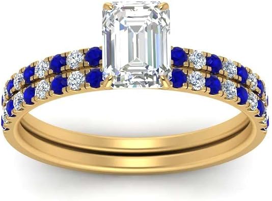 Choose Your Gemstone Hidden Halo Half Way Wedding Ring Set Yellow Gold Plated Emerald Shape Wedding Ring Sets Matching Jewelry Wedding Jewelry Easy to Wear Gifts US Size 4 to 12