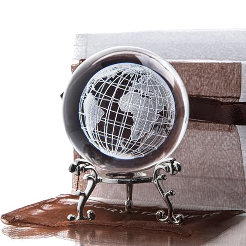 H&D HYALINE & DORA 2.3 inch (60mm) Clear Crystal Glass Ball Paperweight 3D Laser Engraved Earth Globe World Map Ball with Metal Stand Decor