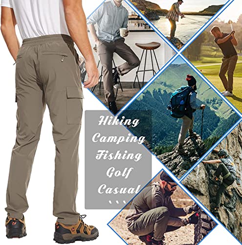 Men's Quick Dry Cargo Work Pants Lightweight Waterproof Hiking Pants Zipper Pockets Drawstring Elastic Waist Casual Pants Khaki #TOP2