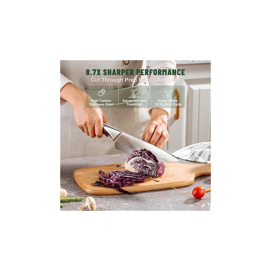 Knife Set, EWFEN 14-Piece Kitchen Knife Set with Block, German Stainless Steel Knives with Built-in Knife Sharpener, Anti-Slip Sharp Knives Set for Kitchen, Dishwasher Safe, Concave-dotted Handle