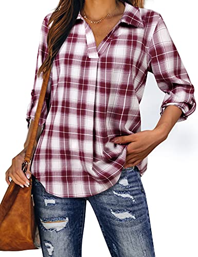 Mckol Blouses For Women Fashion Women's Casual 3/4 Sleeve Shirts Relaxed Fit Tartan Plaid Tunic Tops For Leggings Fall Blouse Retro Red And White Xl #TOP7