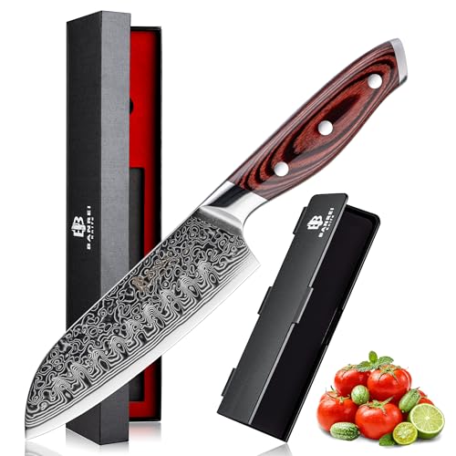 Couteau Santoku 13cm en Acier Damas 67 Couches - Noyau en Acier AUS-10 d’Origine Japonaise - Couteau de Cuisine Compact Ultra Tranchant - Manche Bois Pakka Rouge -...