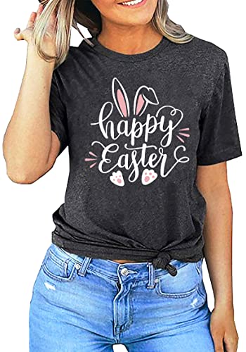Image of Women Happy Easter T Shirt Bunny Rabbit Graphic T-Shirt Funny Letter Printed Shirts Short Sleeve Tops